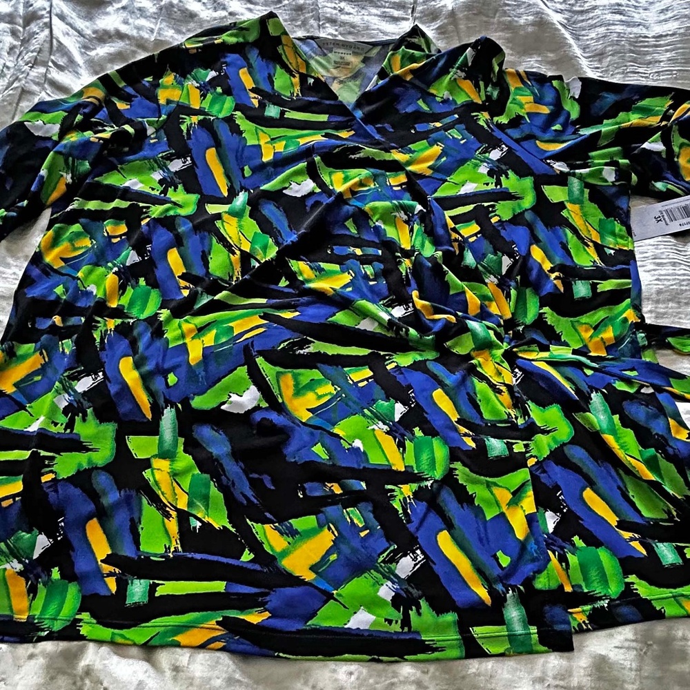 TUNIC, STRETCH, BLUE/YELLOW/GREEN, SIZE 3X, VEE NECK, WAIST TIES FOR BOW,